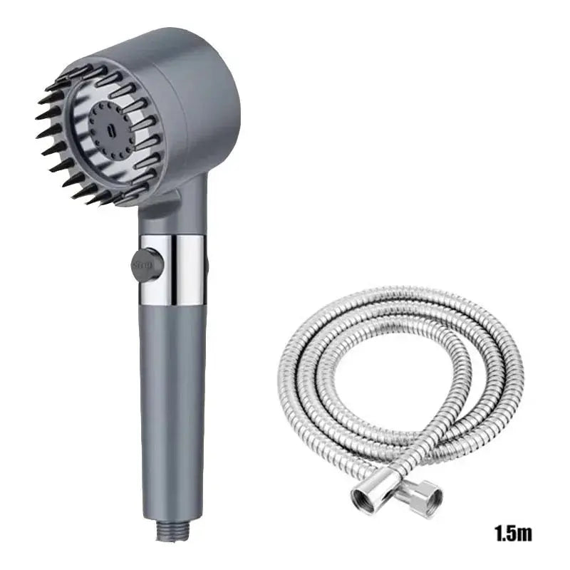 Portable shower head by Simples Market with filter, three spray modes, gray handle, 1.5m metal hose