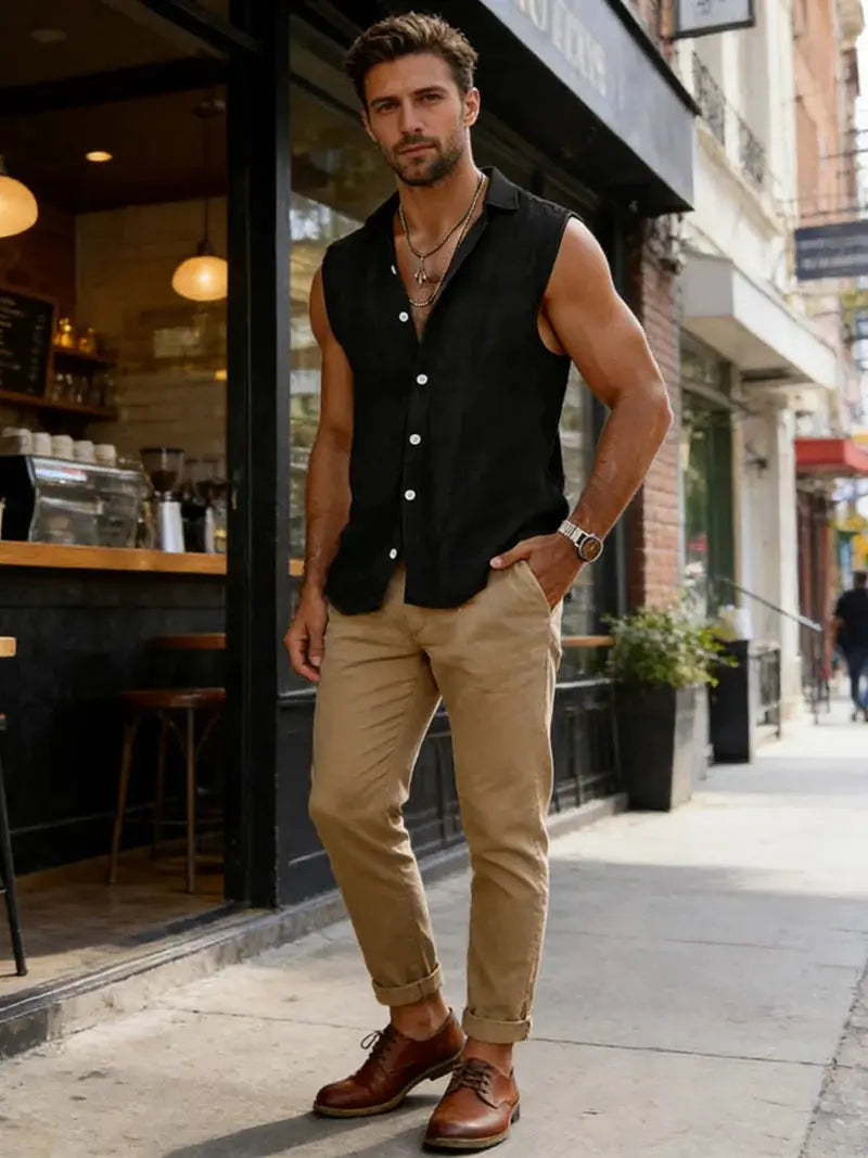 Simples Market men's sleeveless cotton-linen shirt in black with turn-down collar and button-up front
