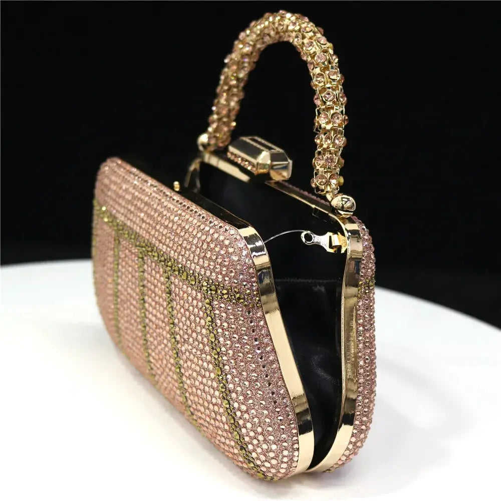 Rose-gold rhinestone evening clutch by Simples Market with diamond-design jeweled chain handle