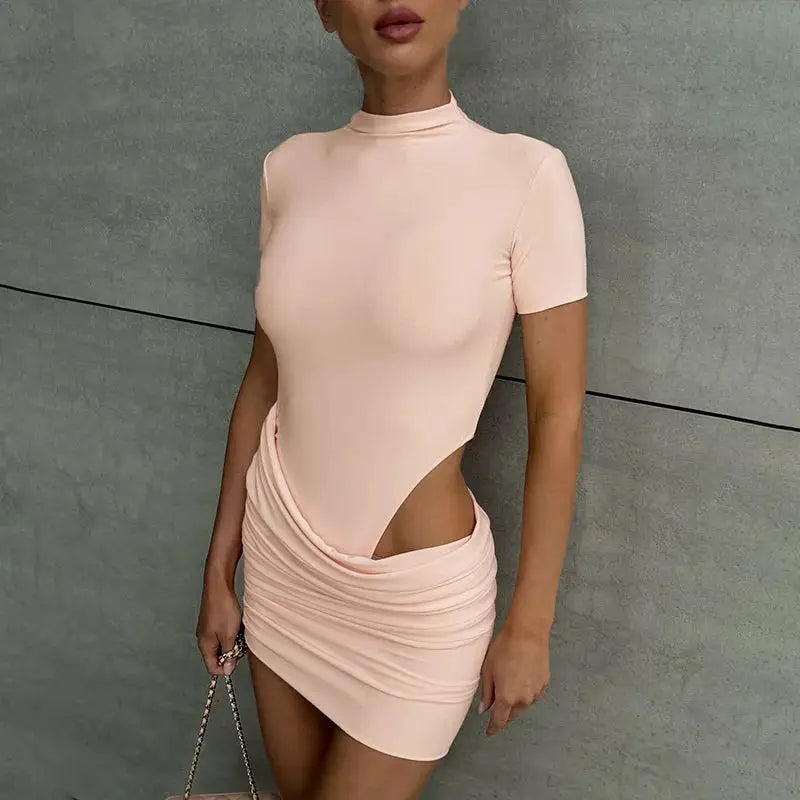 Mozision Hollow Out Ruched Mini Dress Half High Collar Club Party
