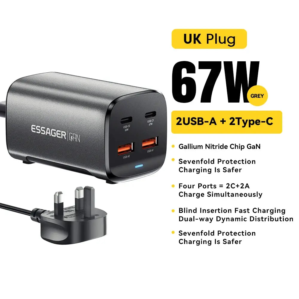 Essager GaN 67W USB-C charger with UK plug, grey, 2 USB-A + 2 Type-C ports