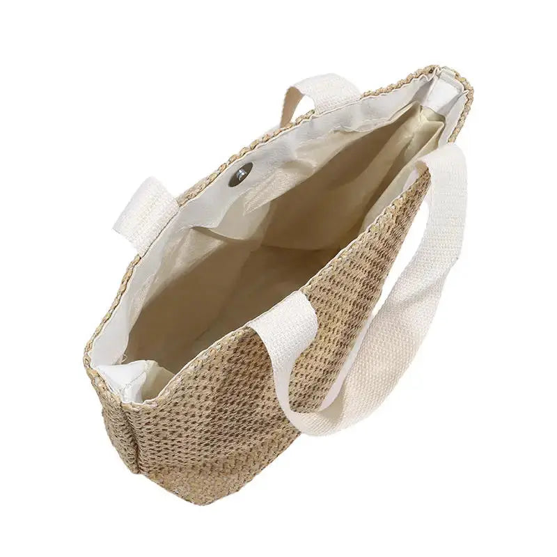 Simples Market straw woven handbag with white top-handle straps, beige lining tote