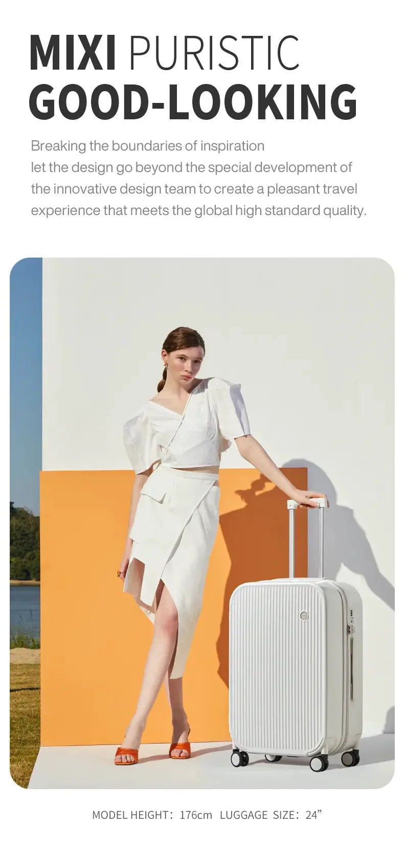 Carry-on suitcase: white hard-shell with telescoping handle and four spinner wheels.