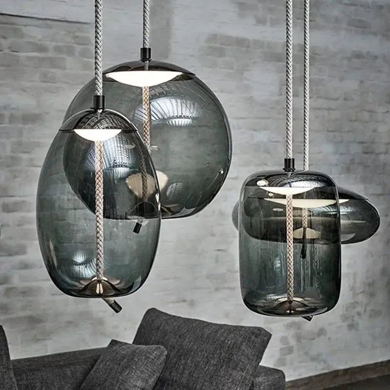 New minimalist pendant lamp set with 3 blue glass shades and hemp rope suspensions, LED lighting by Simples Market