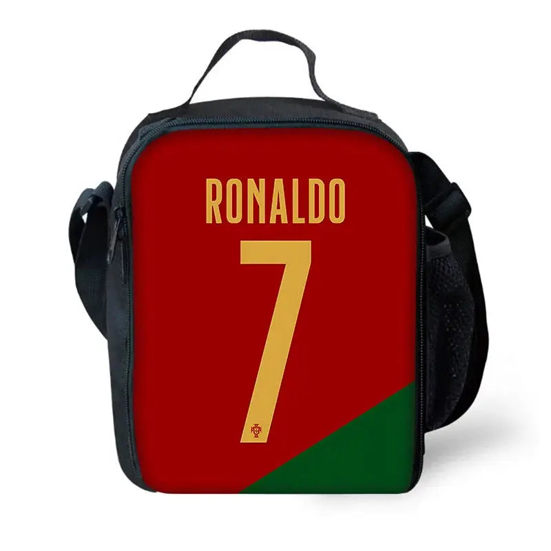 Simples Market CR7 Ronaldo kids' school backpack in red with gold 7 and green diagonal corner