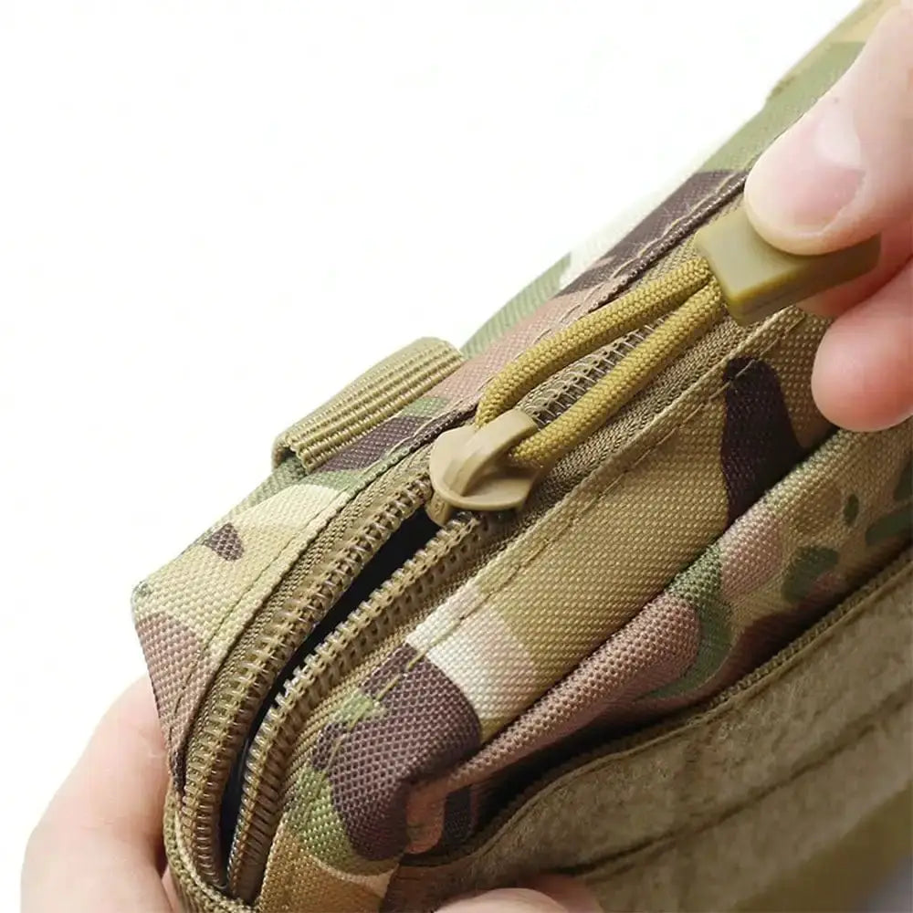 close-up of tactical molle edc pouch zipper with camouflage pattern for rugged use