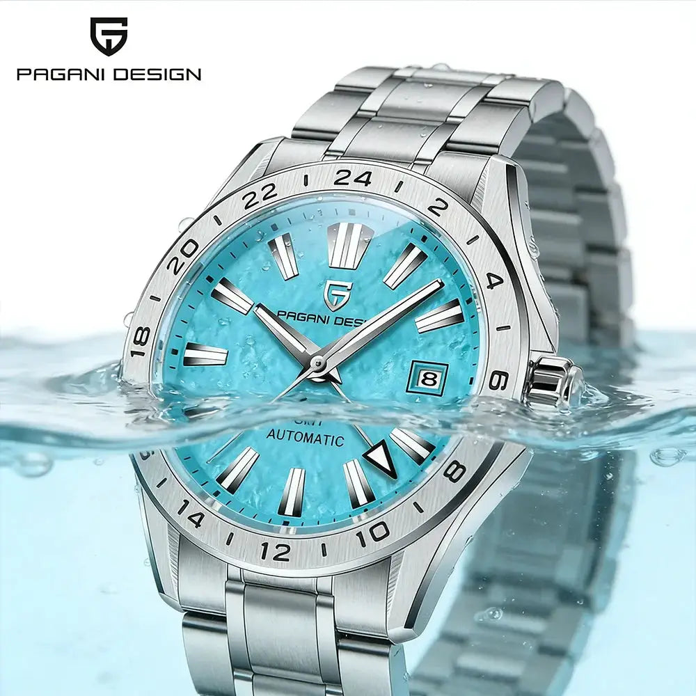 Pagani Design GMT men's stainless steel automatic watch with turquoise dial and date window