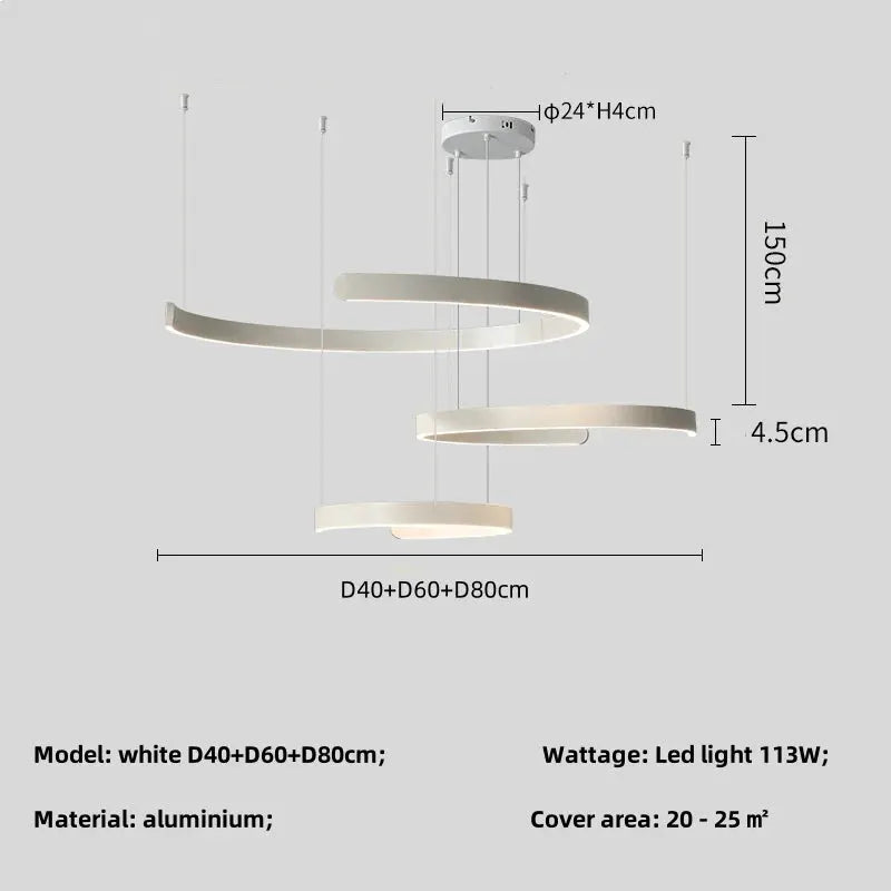 LED ring pendant chandelier, white aluminum with three concentric rings for modern dining room lighting