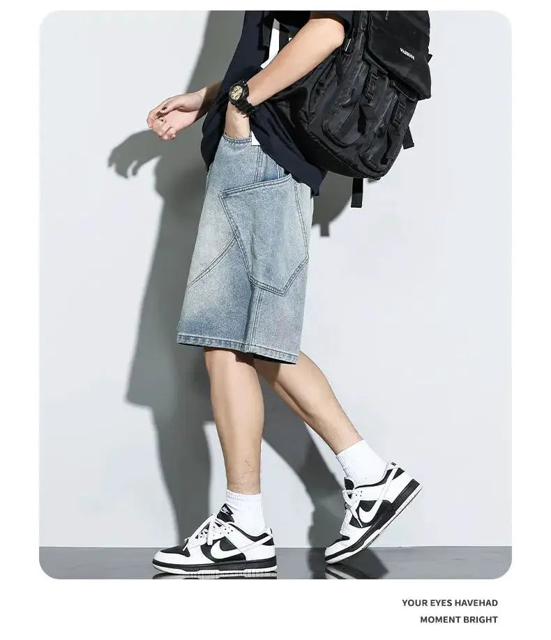 Baggy light-wash denim shorts in streetwear style, paired with white Nike sneakers
