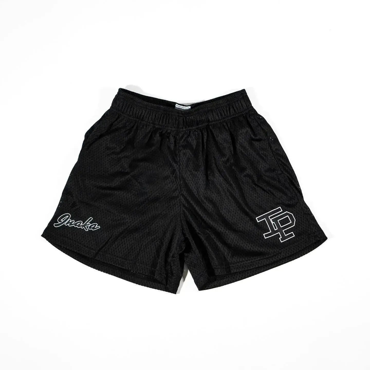 Men's black mesh athletic shorts with elastic waistband, quick-dry fabric and white logo on leg