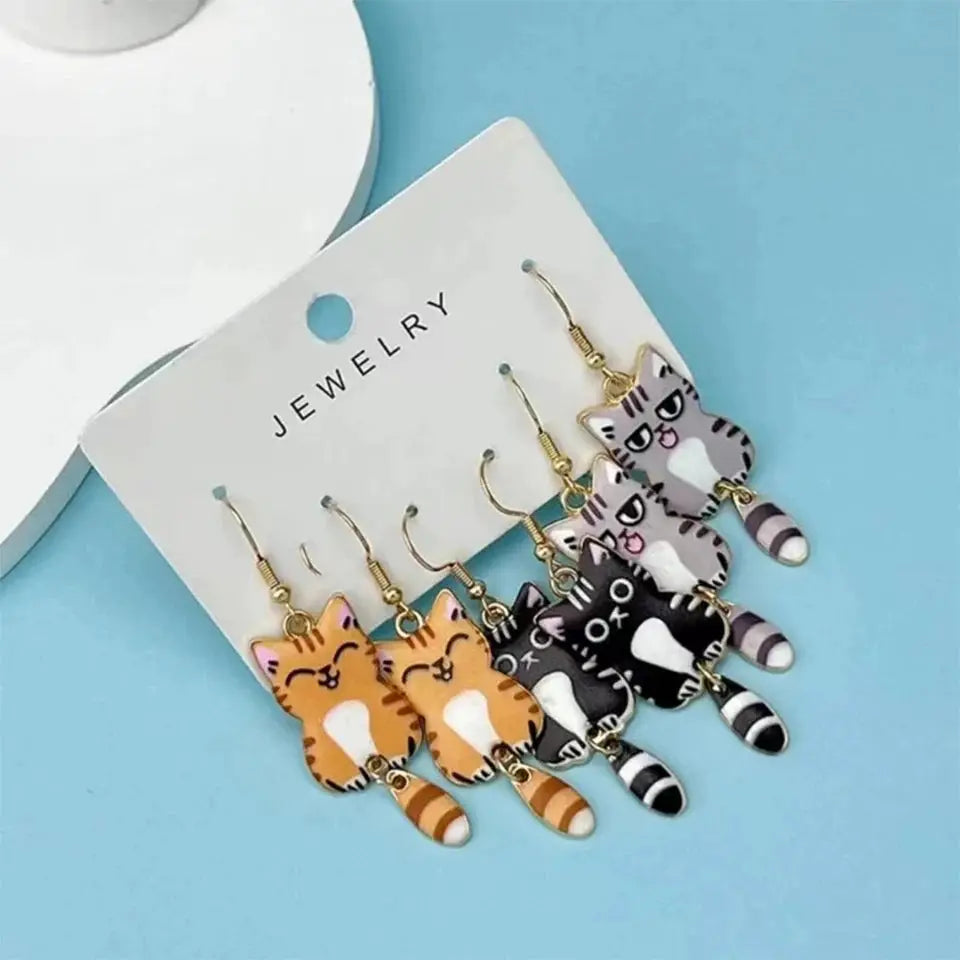 Three Pairs Colorful Cat Ear Dangle Earrings Set Enamel Alloy Hanging Tail Jewelry Cute Gift for Women and Girls