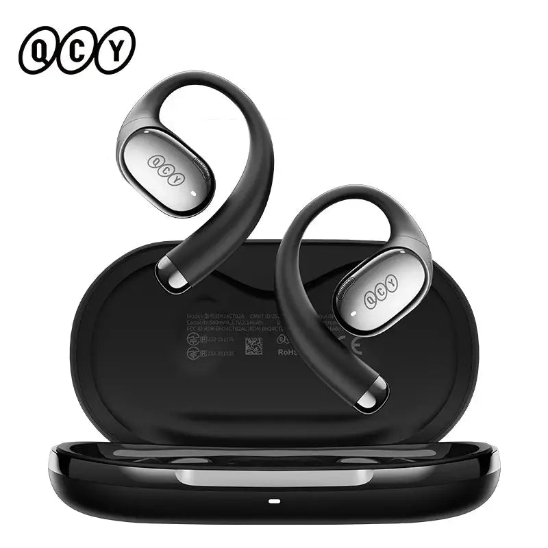 QCY Crossky R70 open-ear wireless headphones with charging case, black earhook earbuds with silver accents