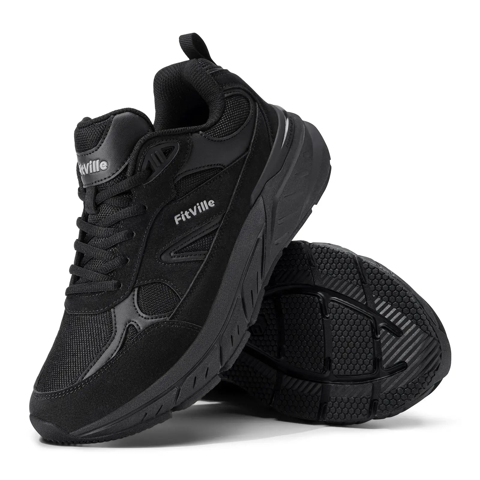 FitVille men's black mesh walking sneakers with wide width and arch support.