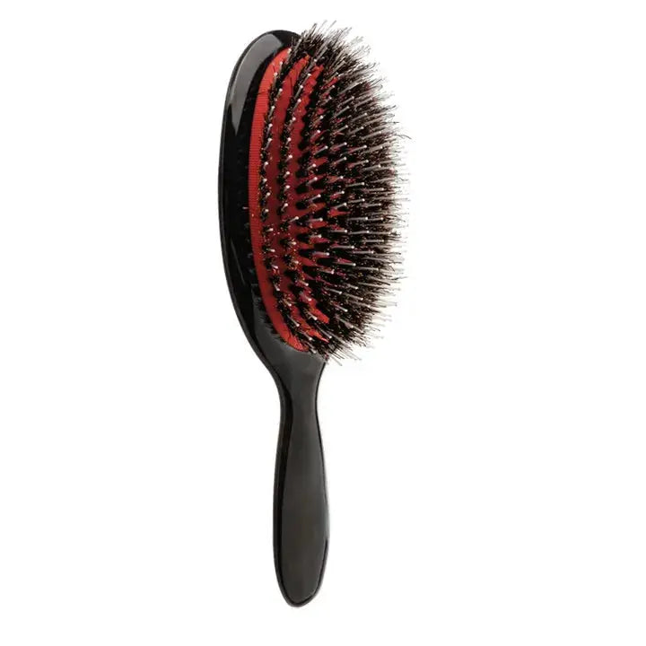 Oval boar-bristle paddle hair brush with black handle and red base