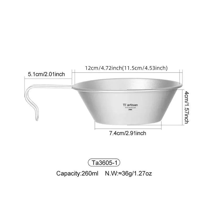 Tiartisan titanium camping Sierra bowl with fixed handle, 260ml capacity