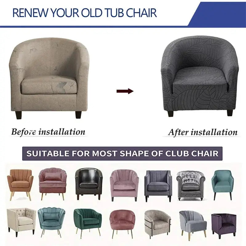 Elastic club chair slipcover with leaf jacquard pattern for a single armchair; beige chair shown before and dark leaf-pattern after installation