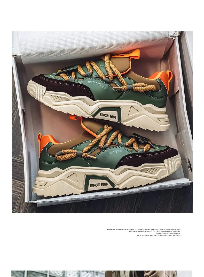 Simples Market men's low-top skateboard sneakers pair in green and tan with orange laces and chunky beige sole