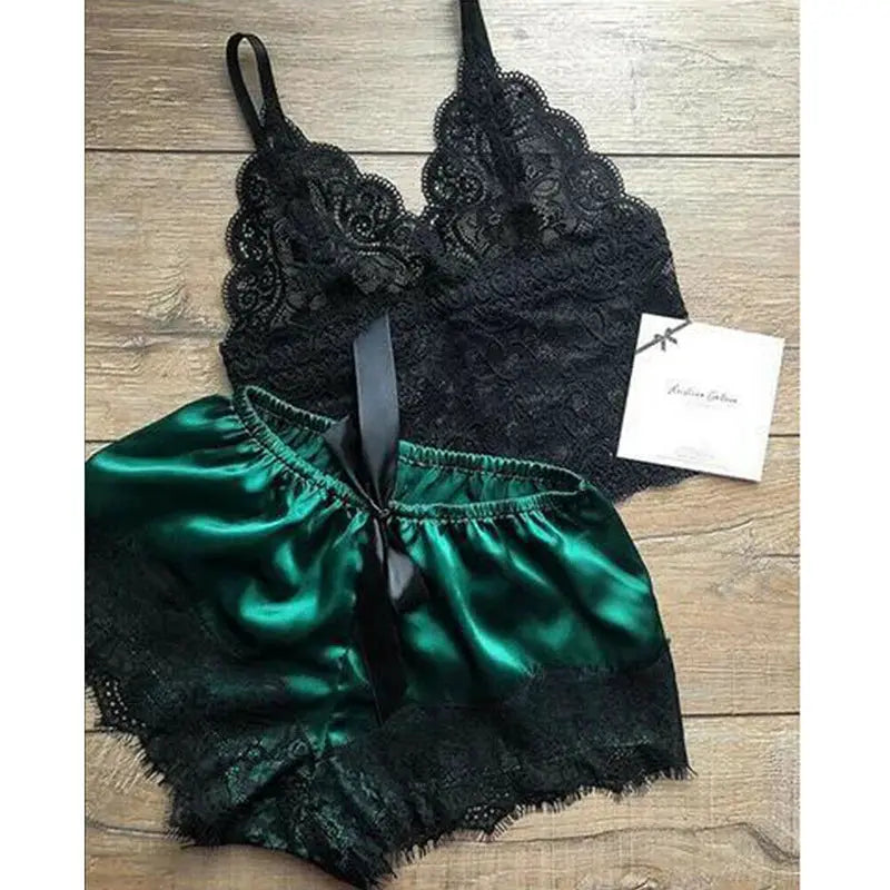 LaceLuxe Womens Lace Sleepwear Set Delicate Lace Top With Satin Shorts Babydoll Nightwear Comfort