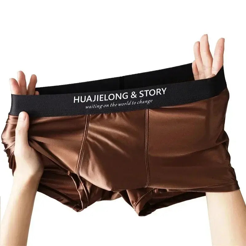 Brown satin-like men's boxer shorts with black branded waistband Huajielong & Story