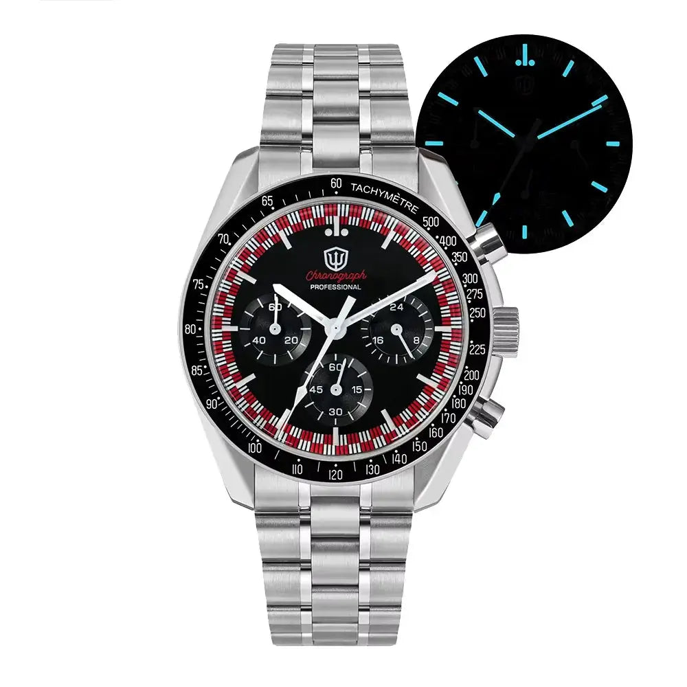 Watchdives Wd1863 stainless steel men's chronograph watch with black dial, tachymeter bezel, 39mm waterproof
