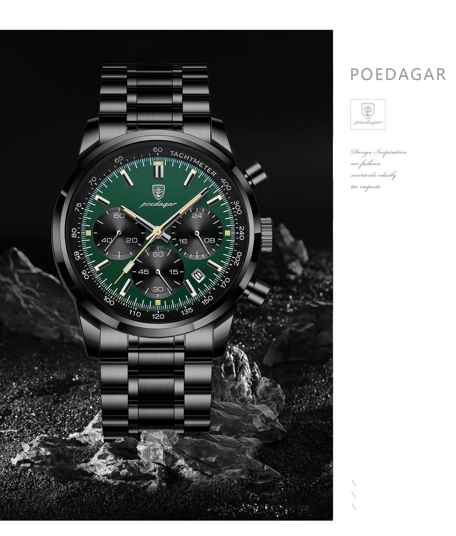 POEDAGAR luxury men's watch with black stainless steel band, green chronograph dial, date, tachymeter