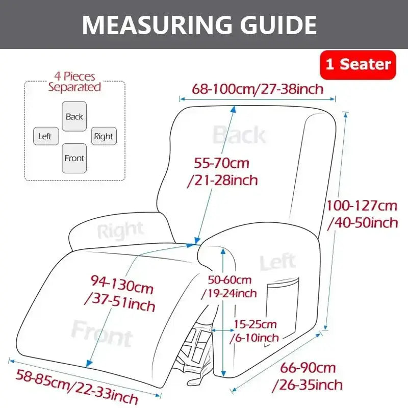 Elastic recliner sofa cover by Simples Market; measuring guide for 1-seat recliner