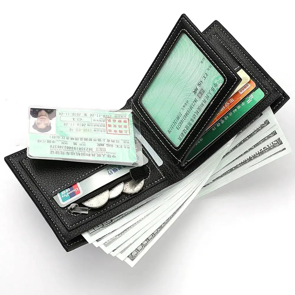 Simples Market men's black wallet with zipper coin purse, lychee-pattern texture, card slots and cash compartments