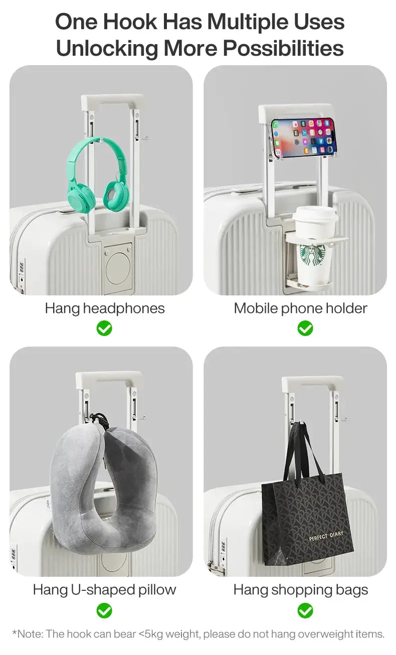 Simples Market Mixi white hard-shell carry-on luggage with top hook for headphones, cup holder, neck pillow, and bags.