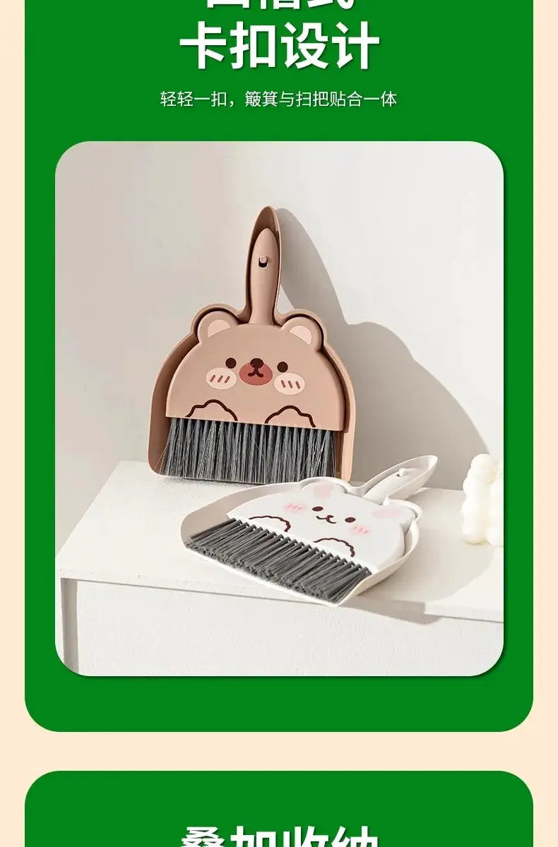 Mini Cartoon Desktop Cleaning Broom Set; bear- and rabbit-shaped brushes, brown and white, 2 pieces