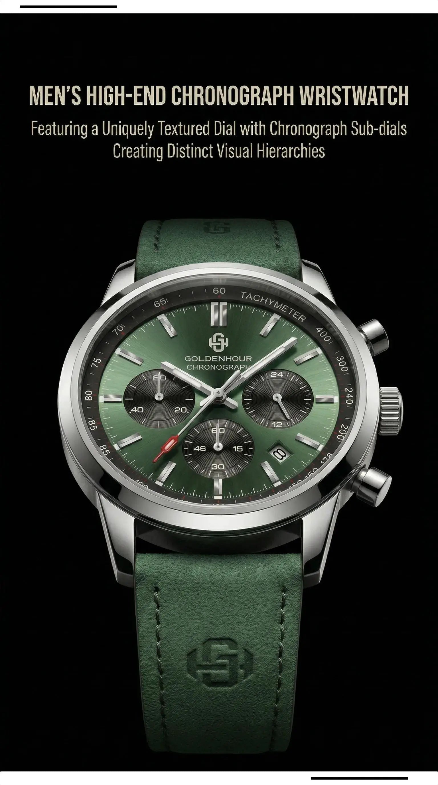Men's Goldenhour chronograph watch by Simples Market with green dial and green leather strap