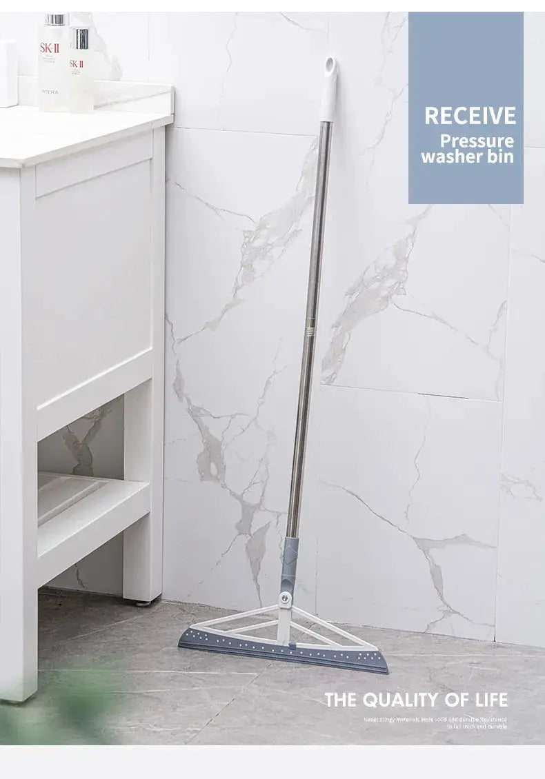 180° rotatable rubber broom silicone mop with long metal handle and blue-edged flat squeegee head
