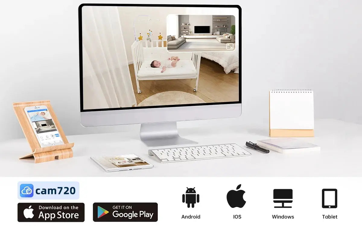 Lenovo 4K WiFi surveillance camera on a desk with cam720 app logo and monitor feed