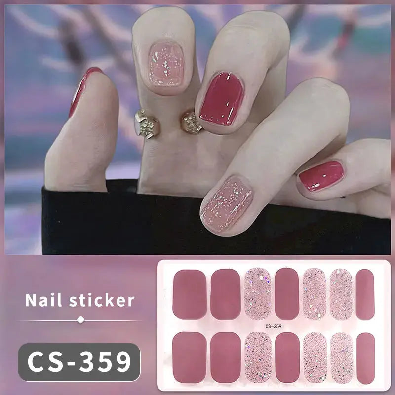 Nail sticker sheet CS-359 with full-cover mauve pink and glitter designs for self-adhesive manicure