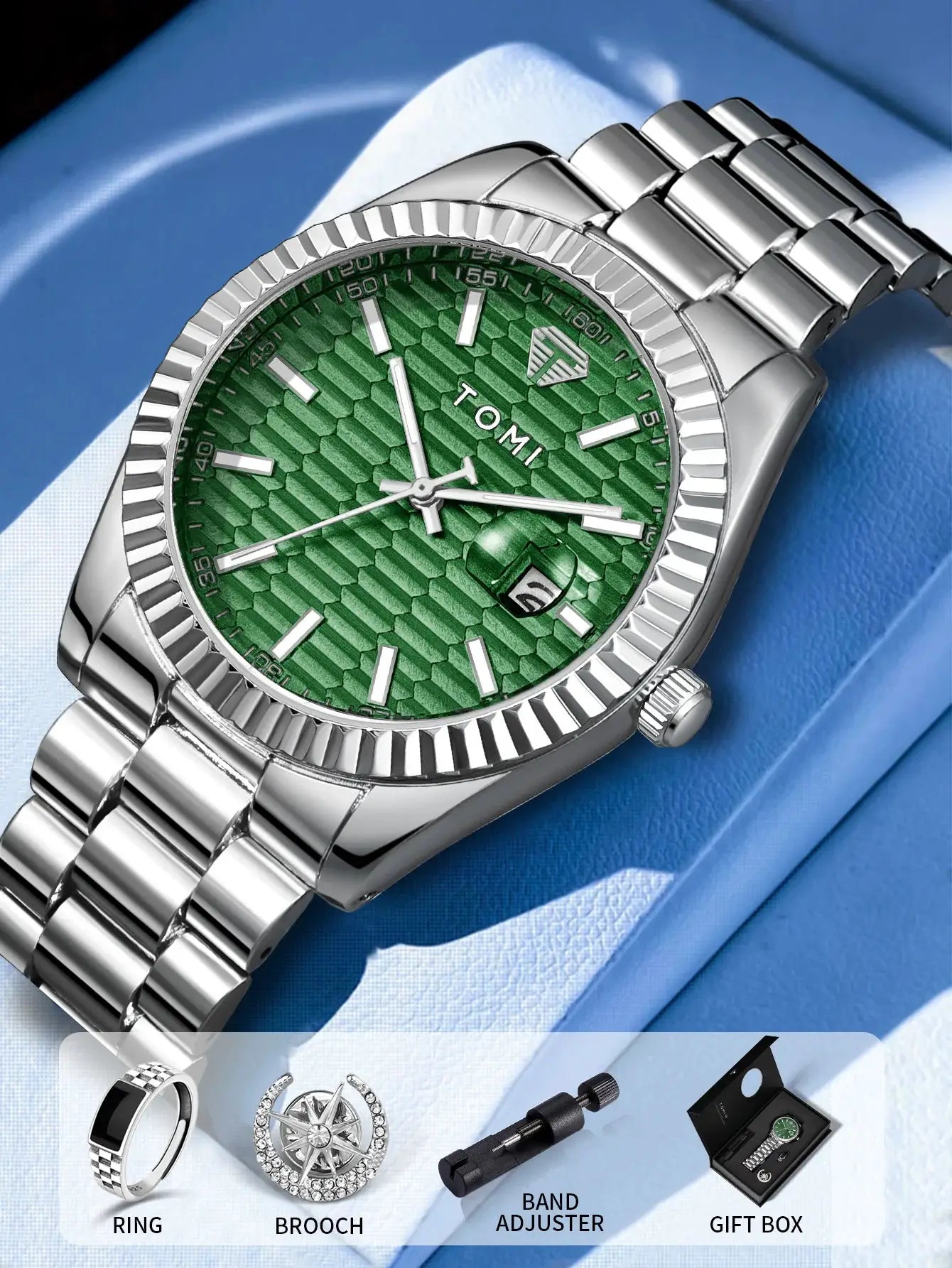 TOMI men's stainless steel watch with green textured dial; part of gift box set with ring and brooch.