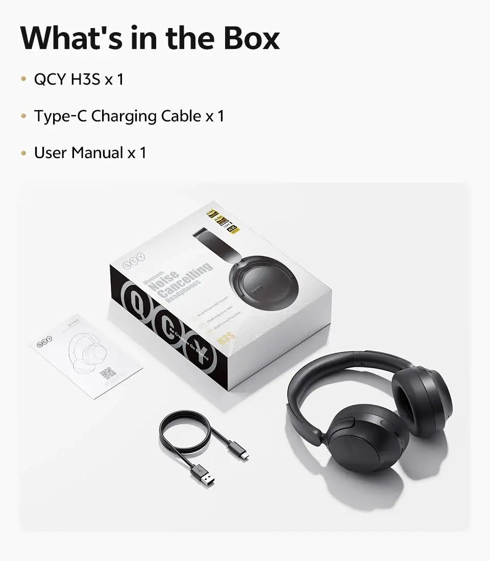 QCY H3S over-ear wireless headphones in black with USB-C charging cable and manual