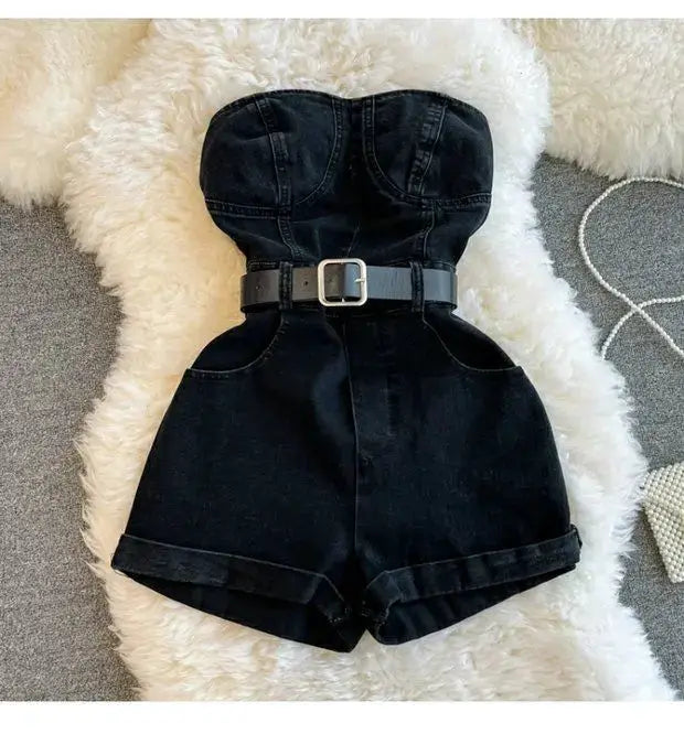 Simples Market black denim romper jumpsuit with belt, strapless bodice and wide-leg shorts
