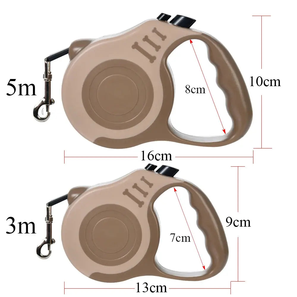 Retractable nylon dog leash set; two beige-brown leashes, 3m and 5m lengths
