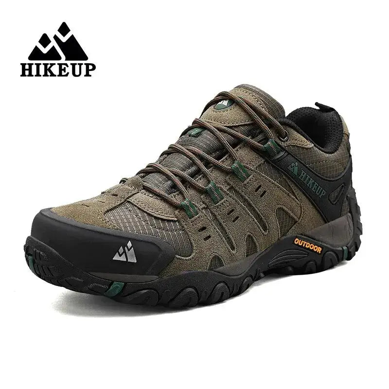 HIKEUP men's hiking shoes in olive-brown suede leather with rugged outsole for outdoor trekking