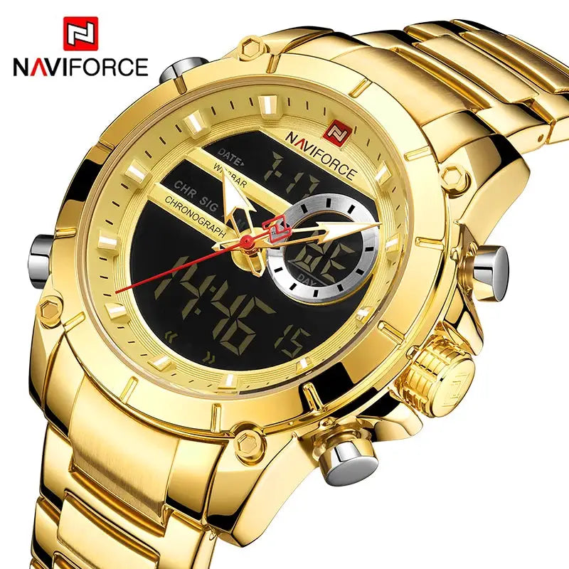 Naviforce 9163 Luxury Sport Mens Wristwatch With Dual Analog Digital Display Stainless Steel Water Resistant