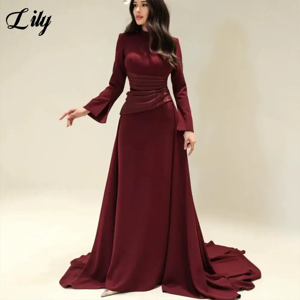Lily Burgundy Satin Mermaid Prom Dress With High Neck Sleeves Dubai