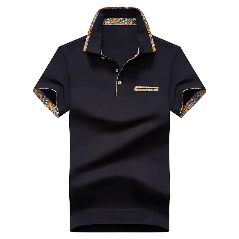 Men's black polo shirt with colorful patterned trim on collar, cuffs and chest pocket