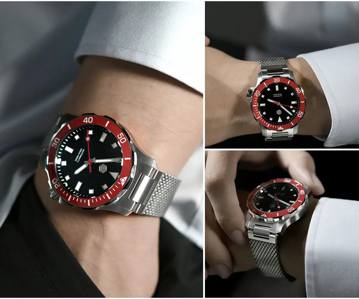 San Martin diver watch 39.5mm V2 NH35, red bezel, stainless steel Milanese bracelet, 200m water resistant