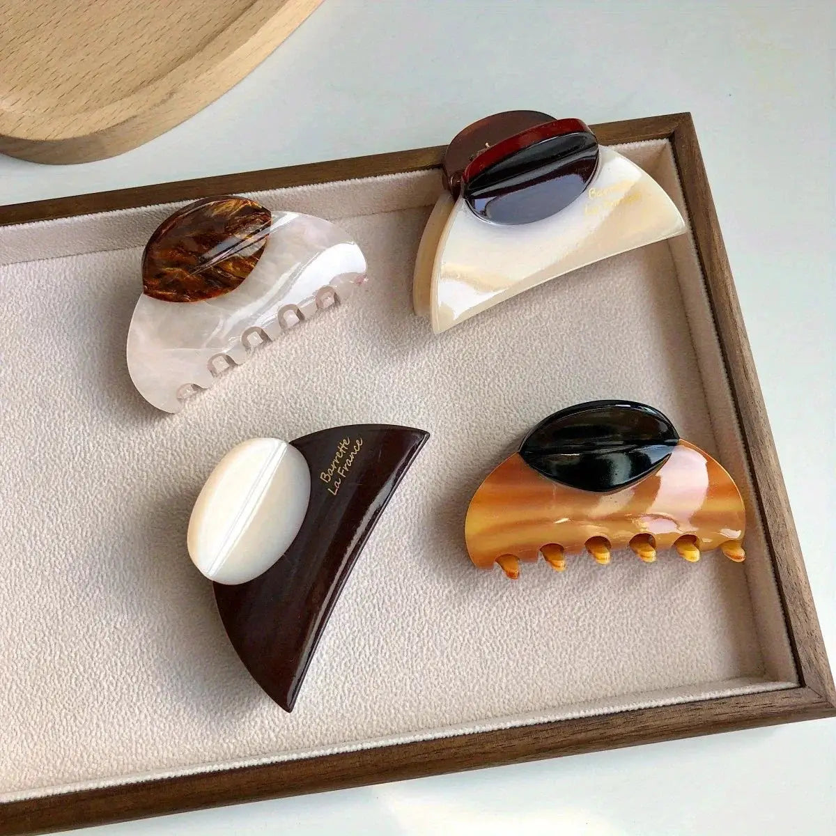 ChicWood Vintage French Hair Clip Two Tone Wood Grain and Marbled Design for All Day Hold
