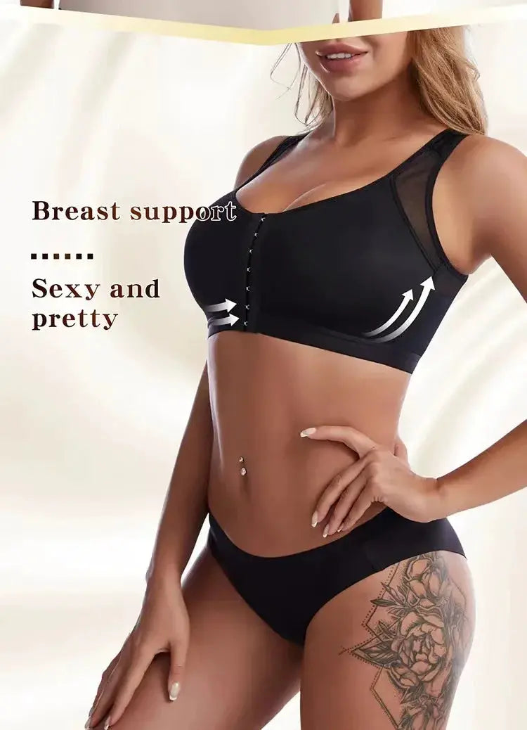 Vest bra with front closure in black offering lift-up support and cross-back straps