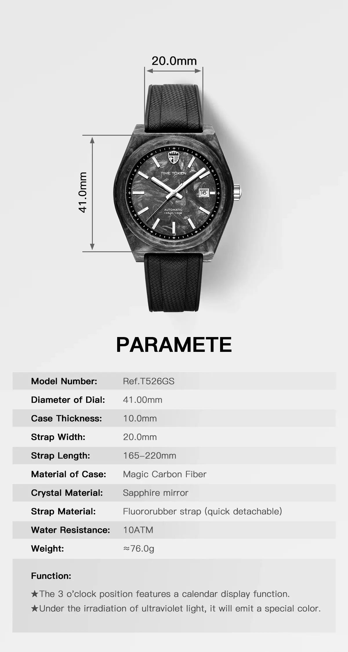 Simples Market carbon fiber automatic dive watch, 41mm case, black dial with date, fluororubber strap