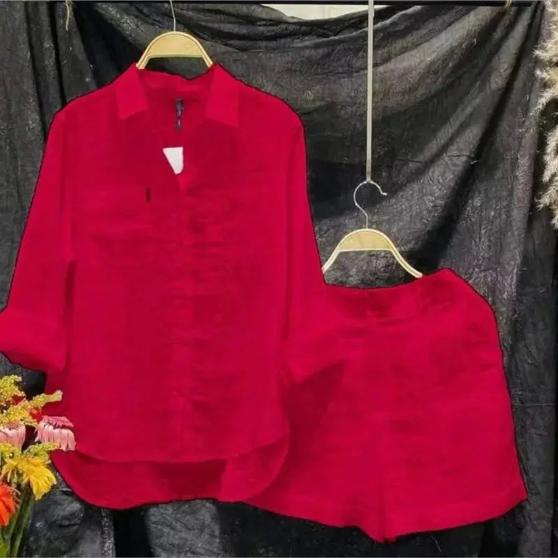 Cotton Linen White Long Sleeve Shirt And Shorts Set For Women
