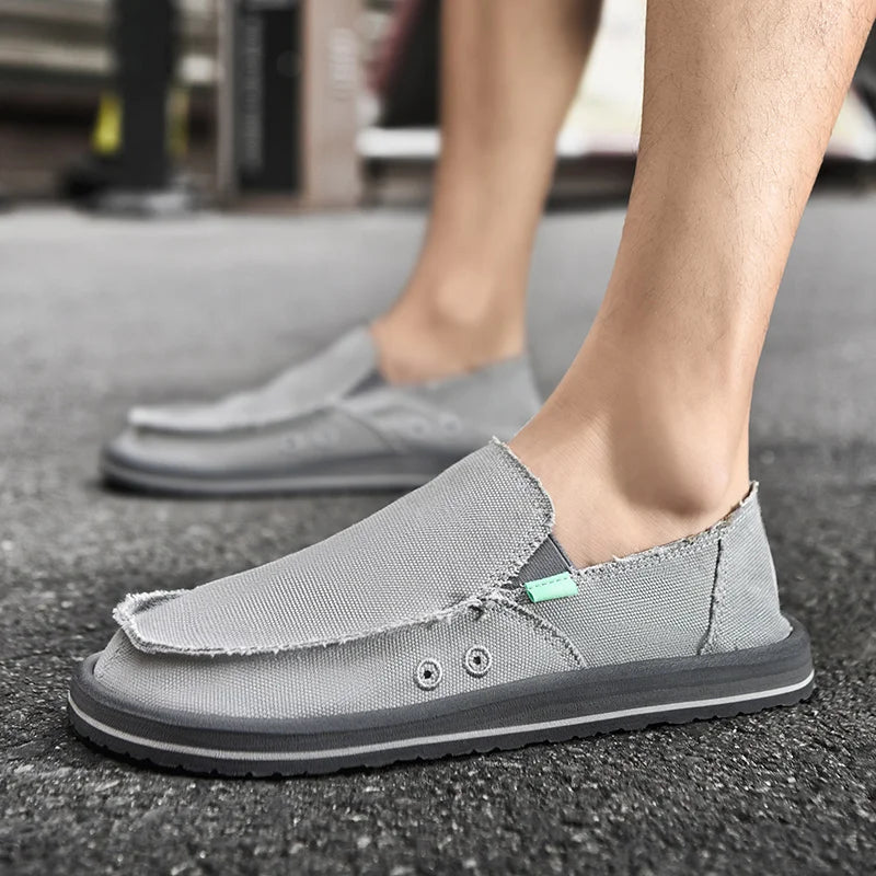 Men's gray canvas loafers, low-top breathable casual sneakers with frayed edges from Simples Market