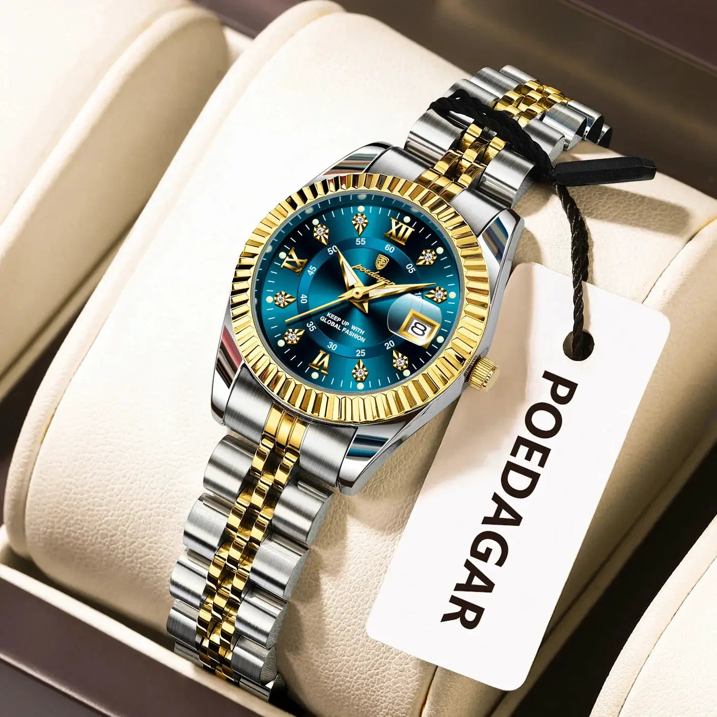 POEDAGAR women's waterproof luxury watch with blue dial, gold and silver two-tone stainless steel bracelet, date window.