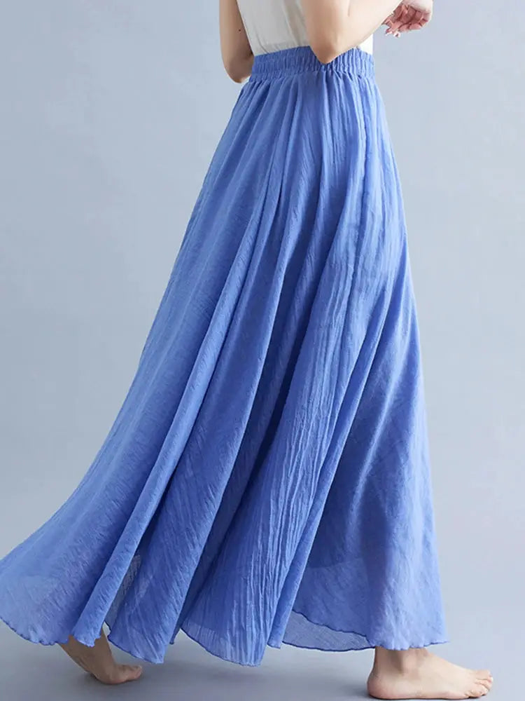 Long blue Simples Market cotton-linen Mori Girl A-line skirt with elastic waist