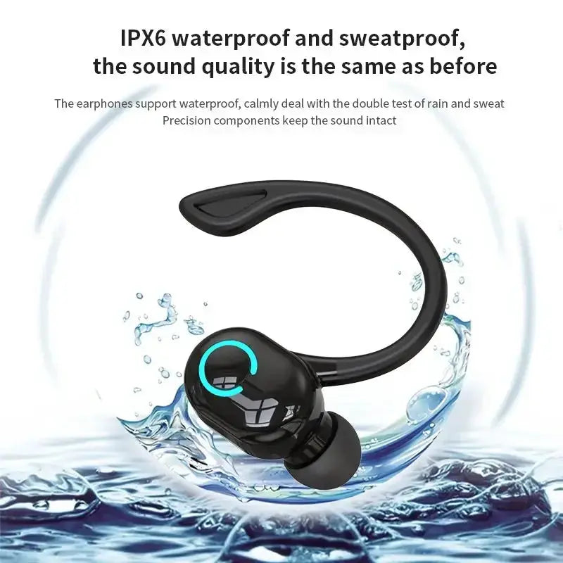 Bluetooth 5.2 wireless ear-hook headset, black with turquoise ring and mic